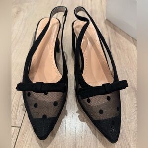 Black mesh sling back block heels
